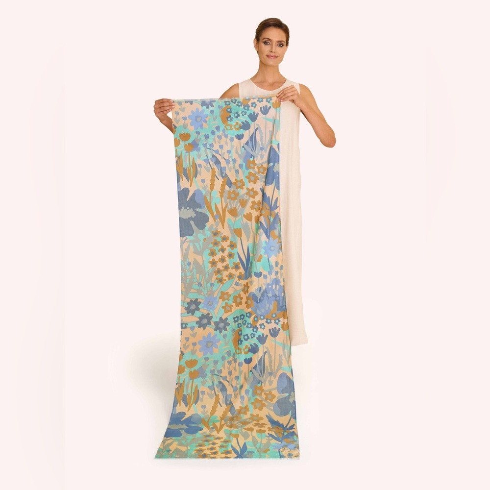 Powder UK Springtime Floral cotton scarf in “denim” about 21” x 72”- NWT